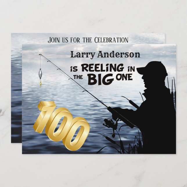 Adult Fisherman Milestone 100 Birthday the Big One Invitation (Front/Back)
