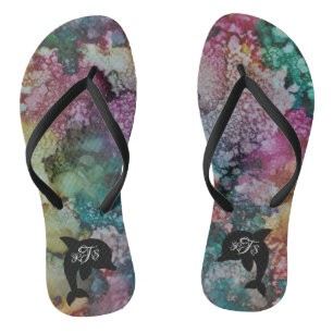 Adult Flip-Flops"Inkblots Pink GoldGreens Dolphin" Thongs