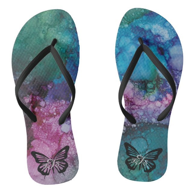 Adult Flip-Flops "Inkblots Pink-Greens Butterfly" Thongs (Footbed)