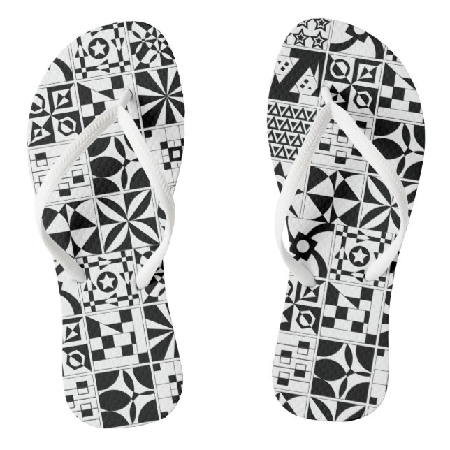 Adult Flip Flops, Slim Straps Black Printed  Thongs (Footbed)