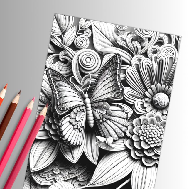 Adult Floral Butterfly 3D Colouring Poster (Creator Uploaded)