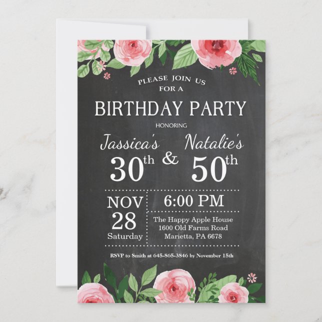 Adult Floral Chalkboard Joint Birthday Party Invitation (Front)