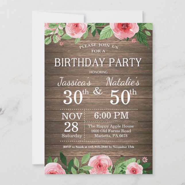 Adult Floral Rustic Joint Birthday Party Invitation (Front)