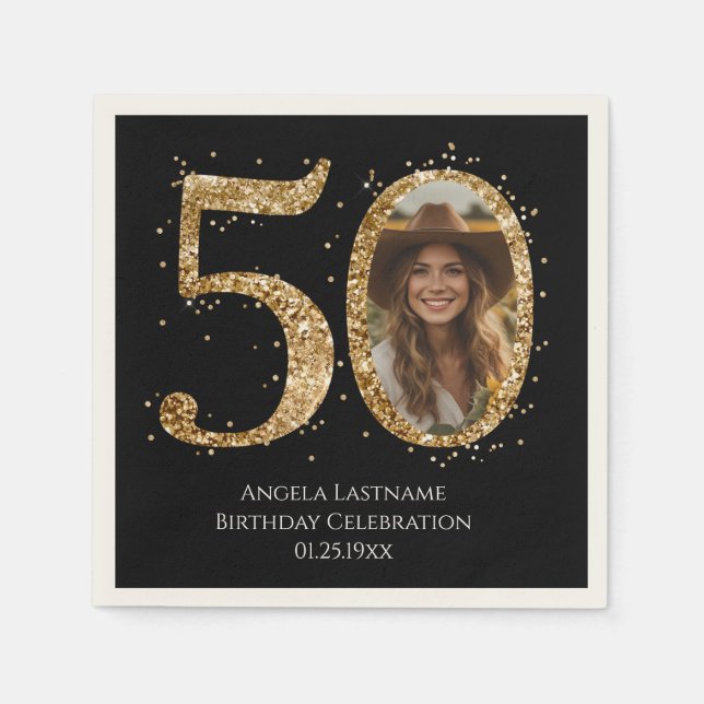 Adult Gold Glitter 50th Birthday Photo Date Napkin (Front)