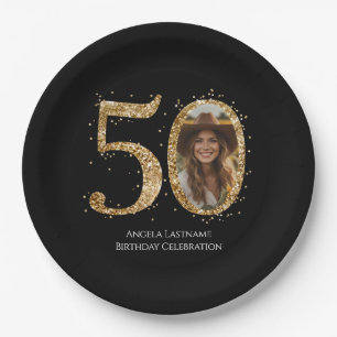 Adult Gold Glitter 50th Birthday Photo Paper Plate