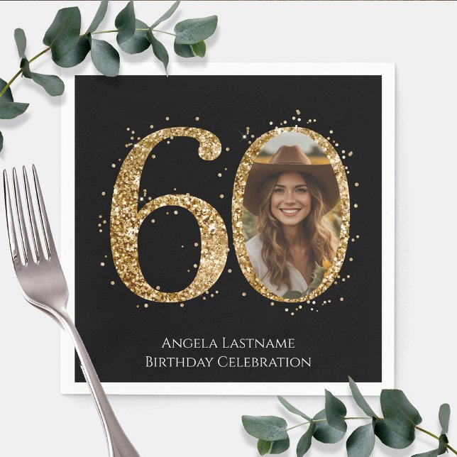 Adult Gold Glitter 60th Birthday Photo Napkin (Creator Uploaded)