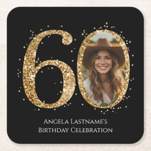 Adult Gold Glitter 60th Birthday Photo Square Paper Coaster