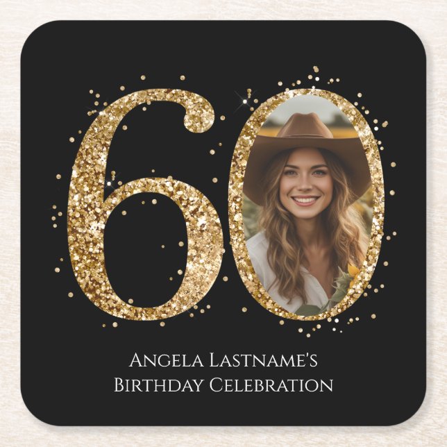 Adult Gold Glitter 60th Birthday Photo Square Paper Coaster (Front)