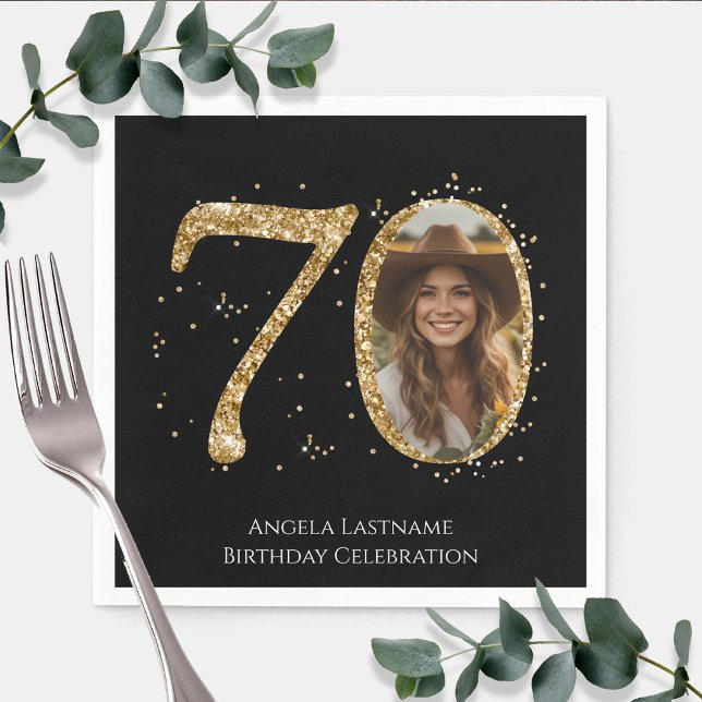 Adult Gold Glitter 70th Birthday Photo Napkin (Creator Uploaded)