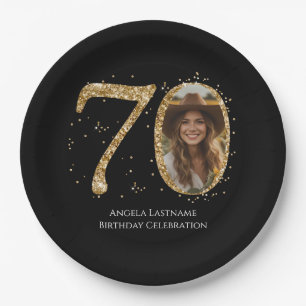 Adult Gold Glitter 70th Birthday Photo Paper Plate