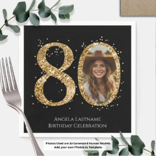 Adult Gold Glitter 80th Birthday Photo Napkin