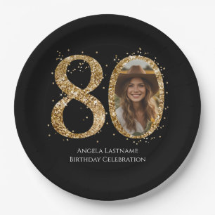 Adult Gold Glitter 80th Birthday Photo Paper Plate