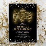 Adult Gold Neon 50th Birthday Party Invitation<br><div class="desc">Modern 50th party invitation template featuring a classic black background,  a scattering of confetti,  a gold neon sign that reads ‘fifty’,  and a simple celebration template that is easy to personalise.</div>