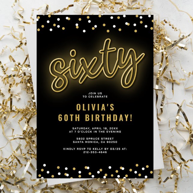 Adult Gold Neon 60th Birthday Party Invitation (Creator Uploaded)