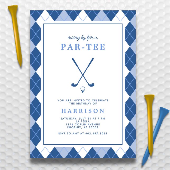 Adult Golf Birthday Modern Preppy Argyle Blue Invitation (Creator Uploaded)