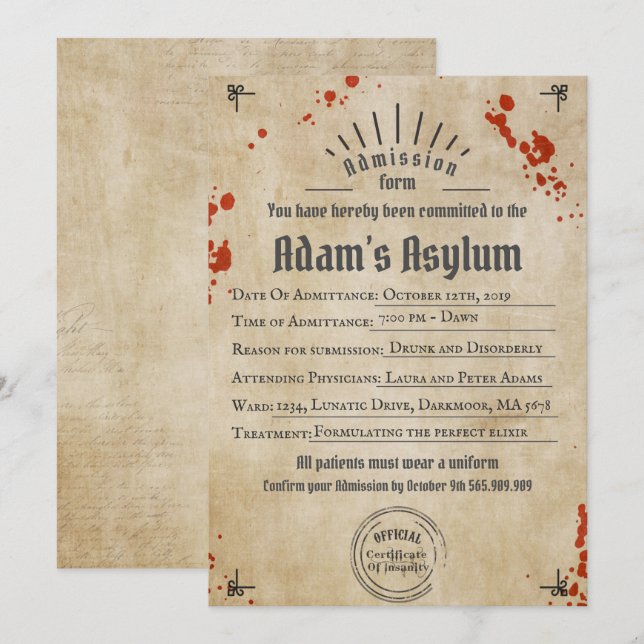Adult Halloween Lunatic Asylum Spooky Gothic Party Invitation (Front/Back)