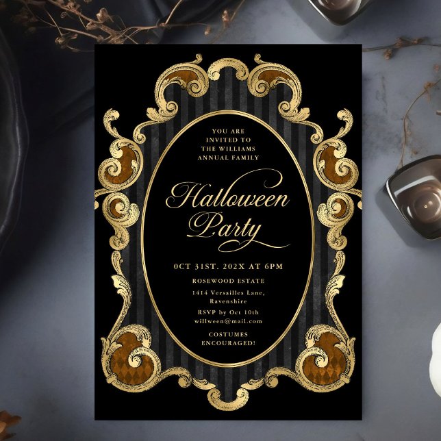 Adult Halloween Party Gold Ornate Vintage Invitation (Creator Uploaded)