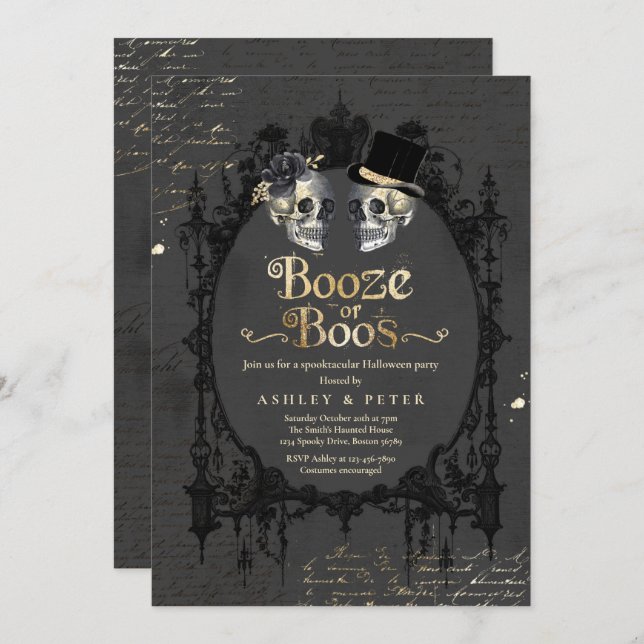 Adult Halloween Party Gothic Skull Booze Or Boos Invitation (Front/Back)