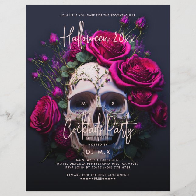 Adult Halloween Party Gothic Skull Red Roses Flyer (Front)