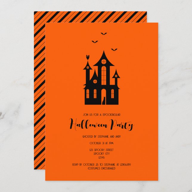 Adult Halloween Party Haunted House Black Orange Invitation (Front/Back)