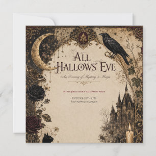 Adult Halloween Party Raven, Antique Key & Vintage Save The Date