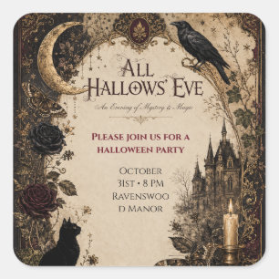 Adult Halloween Party Raven, Antique Key & Vintage Square Sticker