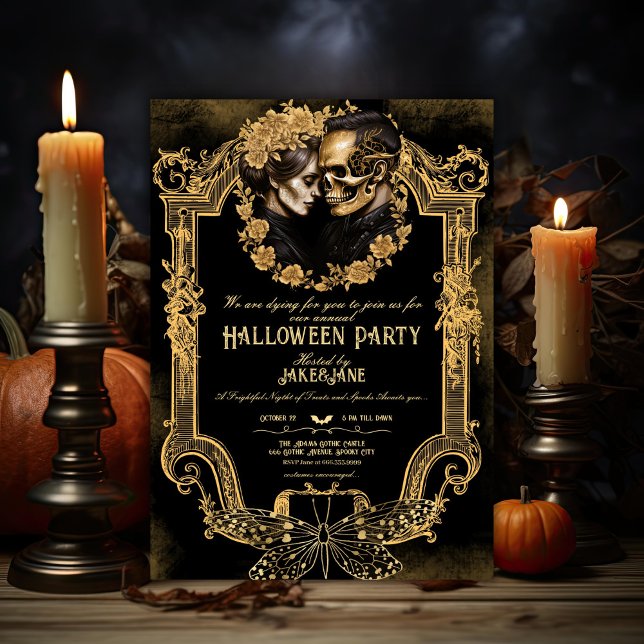 Adult Halloween Party Skull Lovers Gothic Gold  Invitation (Creator Uploaded)