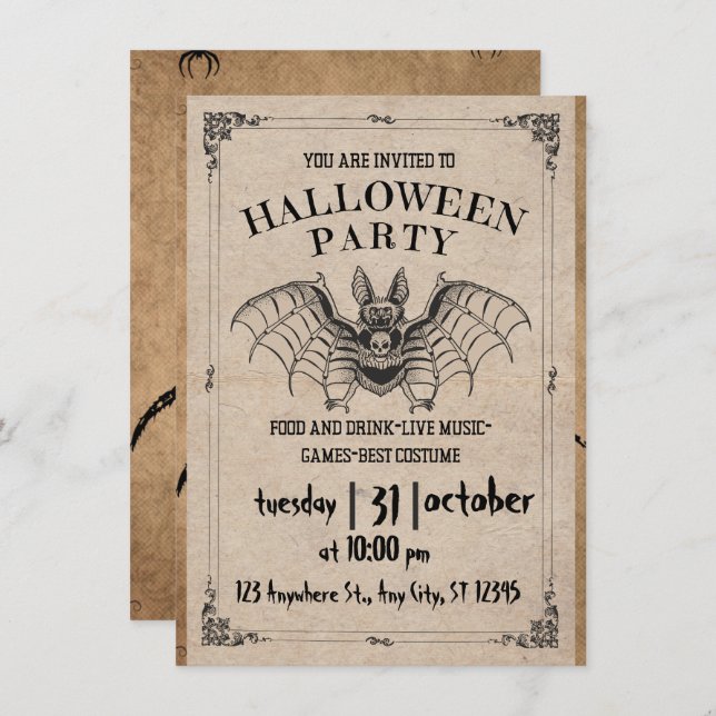 Adult Halloween Party Vintage Gothic bat Invitat Invitation (Front/Back)