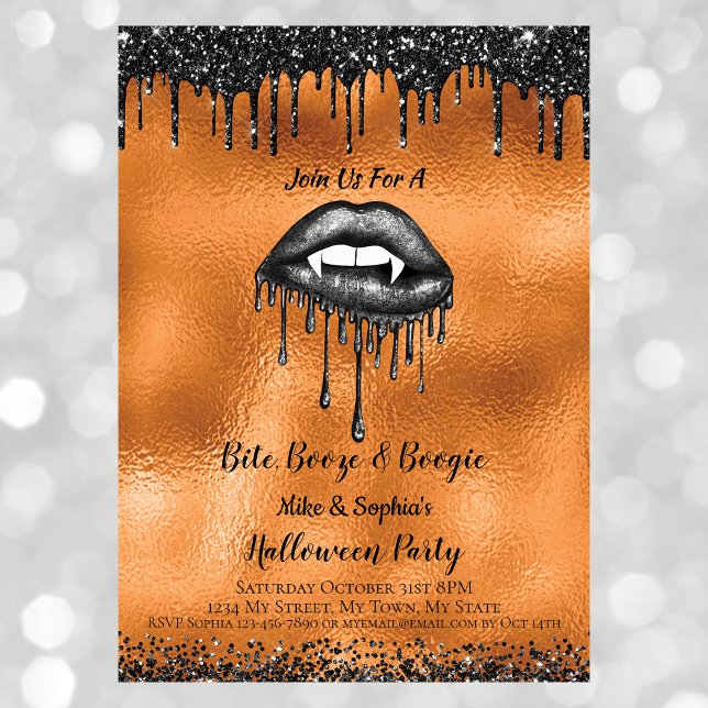 Adult Halloween Vampire Black Glitter Lips Orange Invitation (Creator Uploaded)