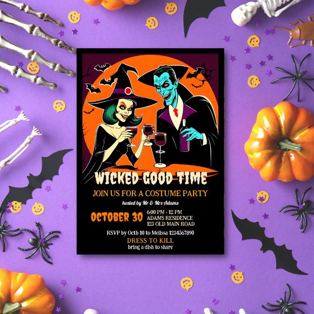 Adult Halloween wicked good time costume party Invitation (Adult Halloween wicked good time costume party template invitation instant download a witch Dracula)