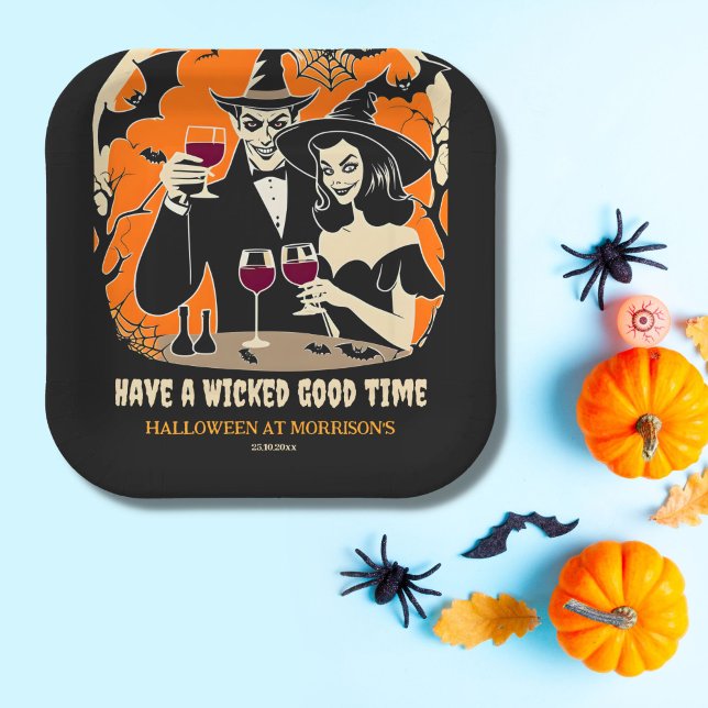 Adult Halloween wicked good time party tableware Paper Plate (Adult Halloween wicked good time tableware personalized party plates black with and Dracula toasting)
