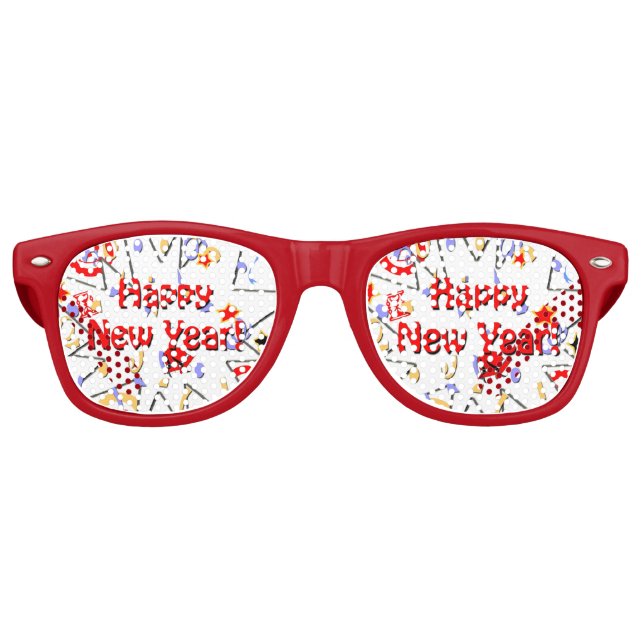 Adult *Happy N Year* Party Shades-Red Frame Retro Sunglasses (Front)