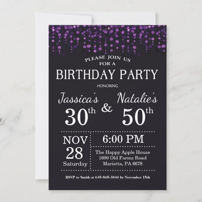 Adult Joint Birthday Party Purple Glitter Invitation (Front)