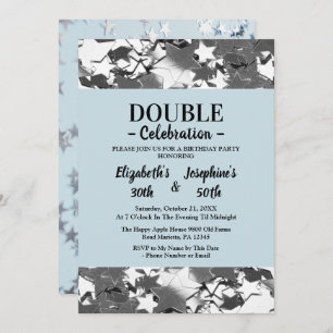 Adult Joint Double Birthday blue sky silver stars Invitation