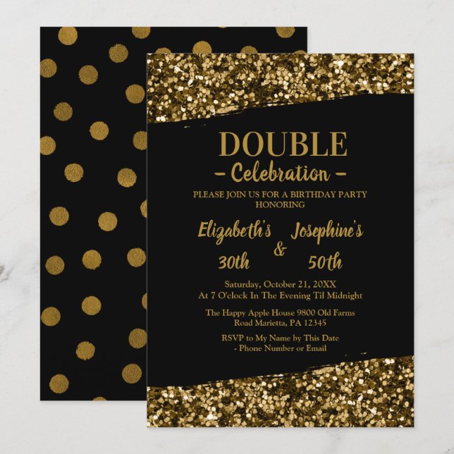 Adult Joint   Double Birthday Party | Black Gold  Invitation (Front/Back)