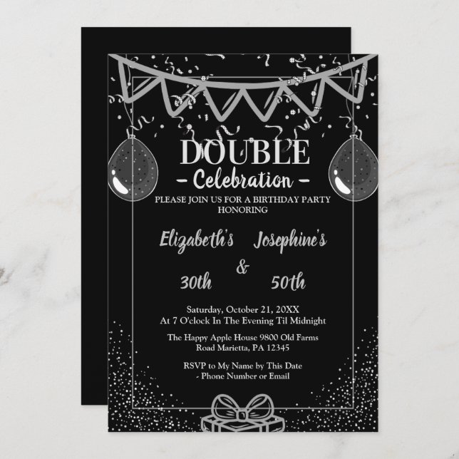 Adult Joint   Double Birthday Party | Black Silver Invitation (Front/Back)