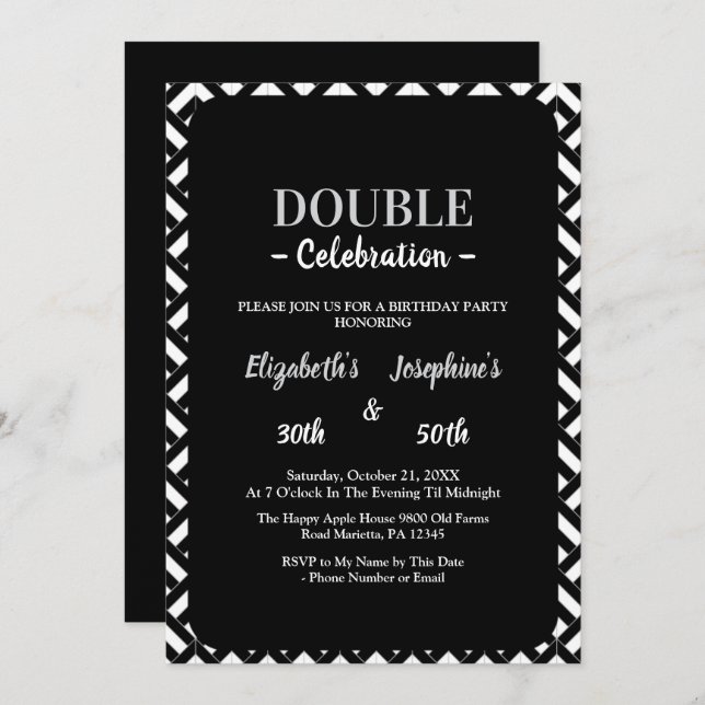 Adult Joint Double Birthday Party black white Invitation (Front/Back)