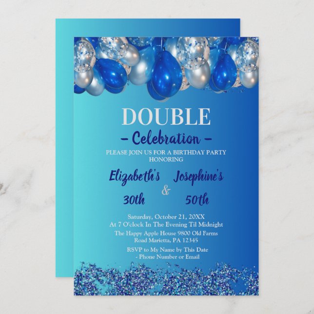 Adult Joint Double Birthday Party | Blue balloons Invitation (Front/Back)