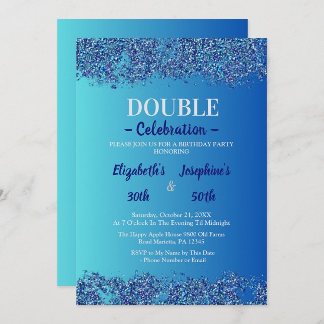 Adult Joint Double Birthday Party | Blue glitter Invitation (Front/Back)