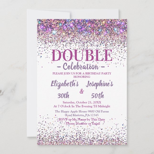 Adult Joint Double Birthday Party Colourful Glitte Invitation (Front)