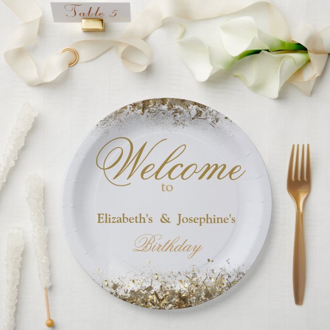 Adult Joint Double Birthday Party | White Gold Paper Plate (Wedding)