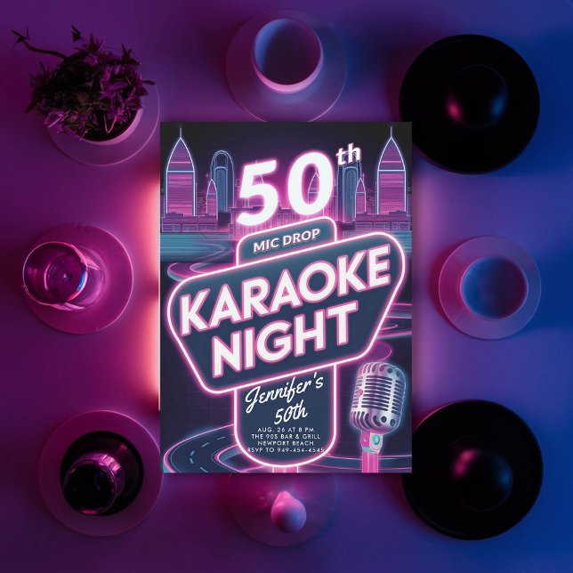 Adult Karaoke 90s Neon Pink Glow 50th Birthday Invitation (90s neon glow arcade pink50th  birthday invitation for women y2k)
