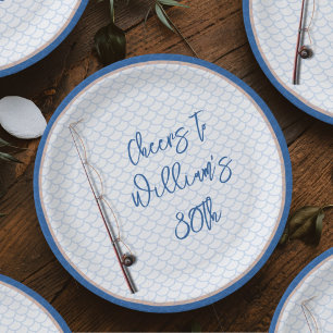 Adult Male Birthday Fish Scales Fishing Rod Paper Plate