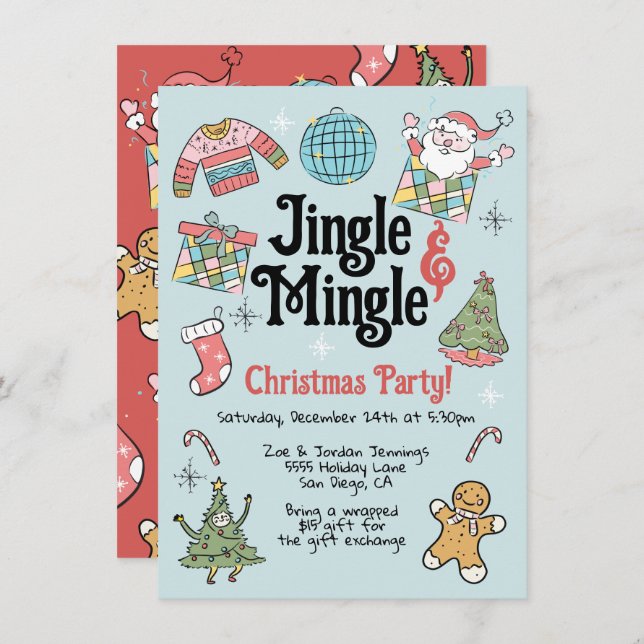 Adult or Kids Retro Doodle Christmas Party Invitation (Front/Back)