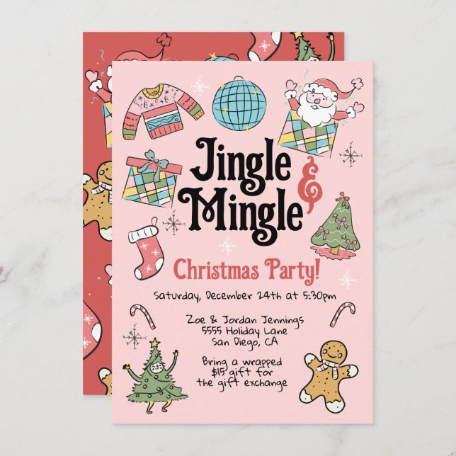 Adult or Kids Retro Doodle Christmas Party Invitation (Front/Back)