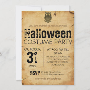 Adult Owl Vintage Gothic Halloween Costume Party  Invitation