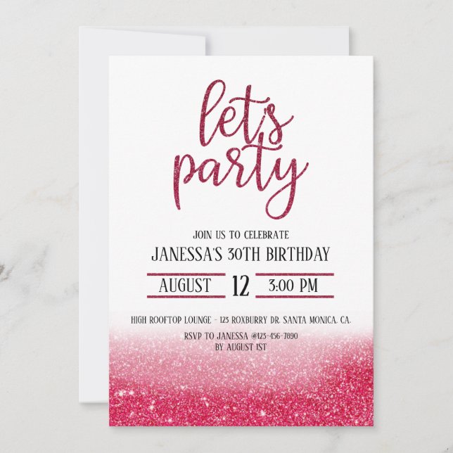 ADULT PARTY,GLITTER INVITE,PINK ,LET'S PARTY (Front)