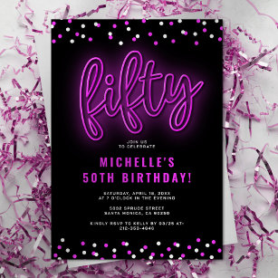 Adult Pink Neon 50th Birthday Party Invitation