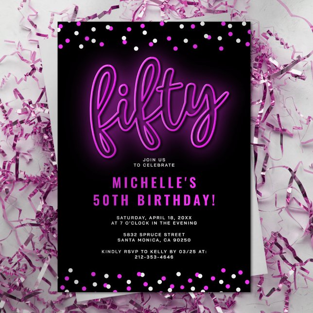 Adult Pink Neon 50th Birthday Party Invitation (Creator Uploaded)