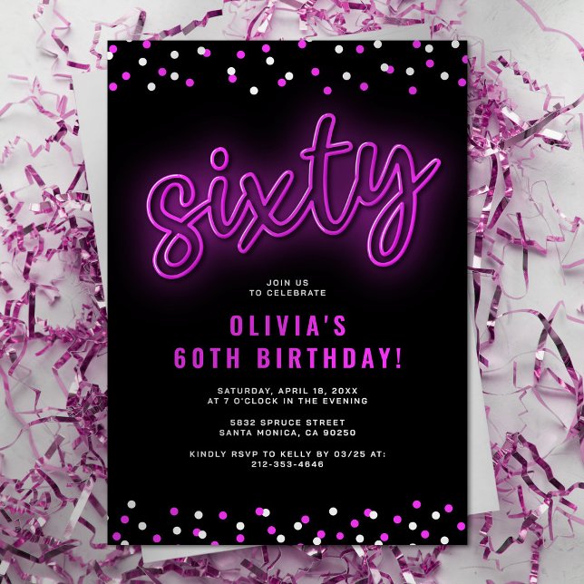 Adult Pink Neon 60th Birthday Party Invitation (Creator Uploaded)